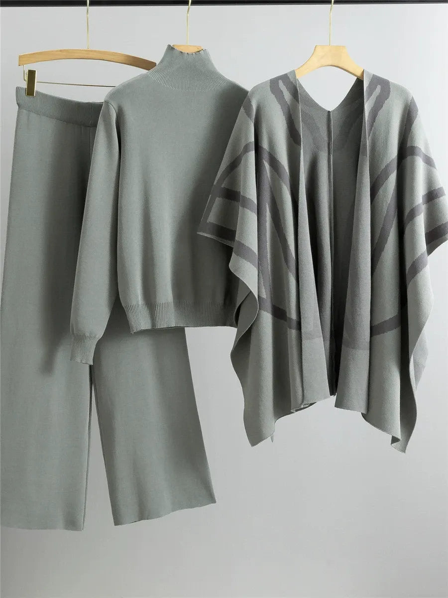 Women's three-piece knit shawl cape set open-front geometric pattern turtleneck relaxed fit cozy