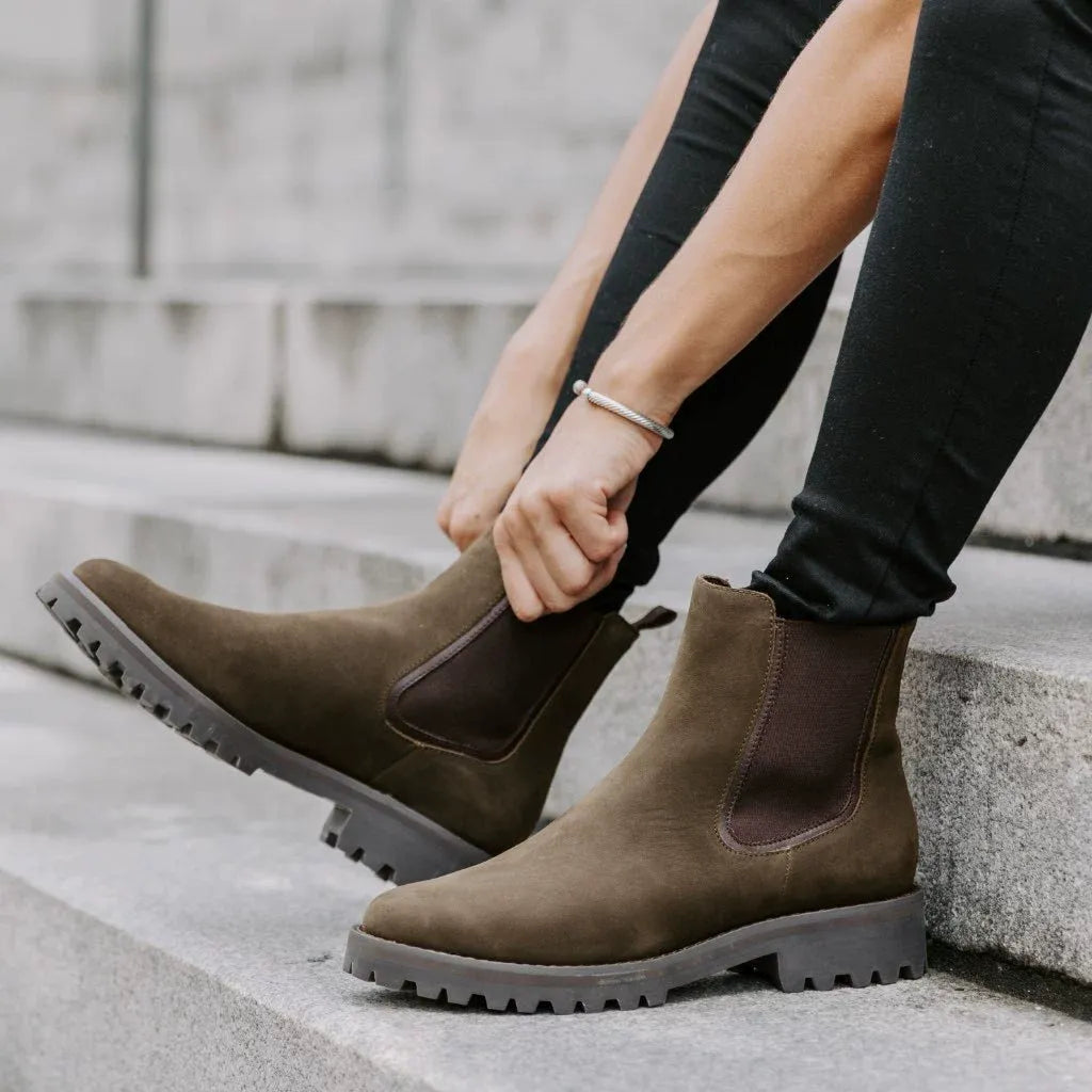 Women's nubuck leather Chelsea ankle boots with elastic goring and chunky lug sole, everyday style