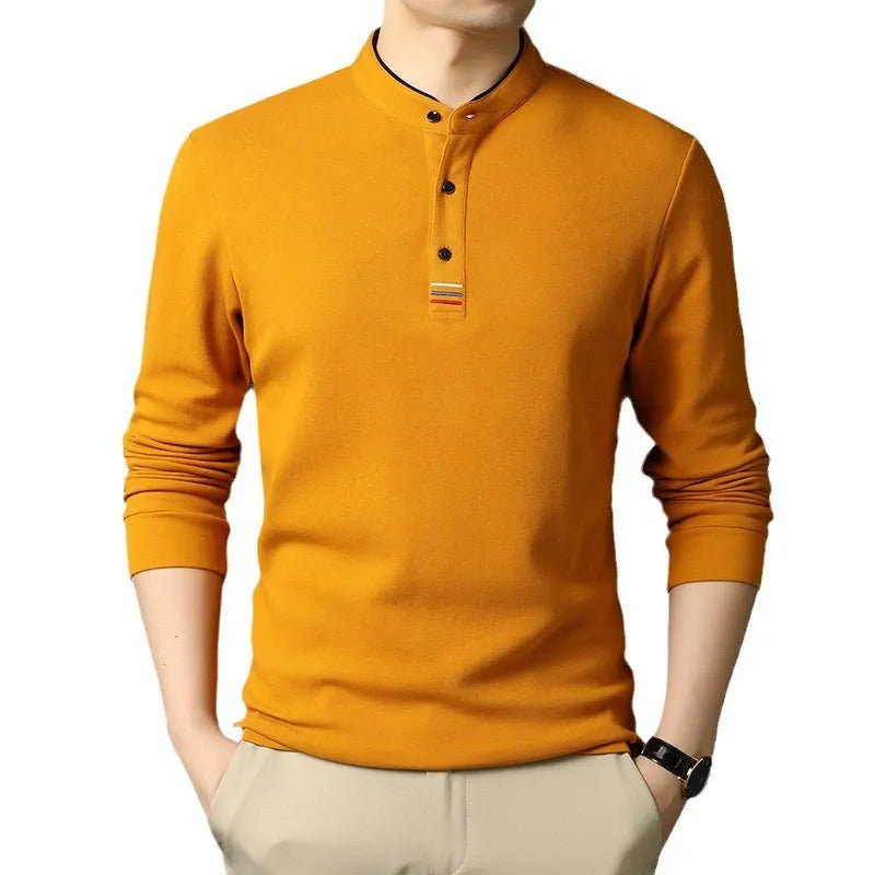 Men's regular fit long sleeve t-shirt with stand collar and buttons, soft breathable everyday casual top