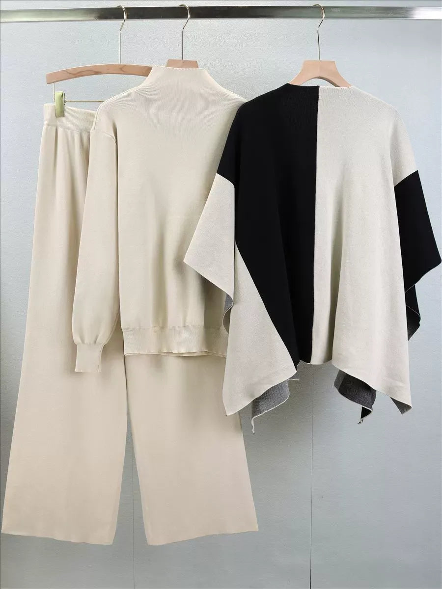 Women's knitted three-piece suit mock neck sweater wide-leg pants cape layer chic cozy knit set