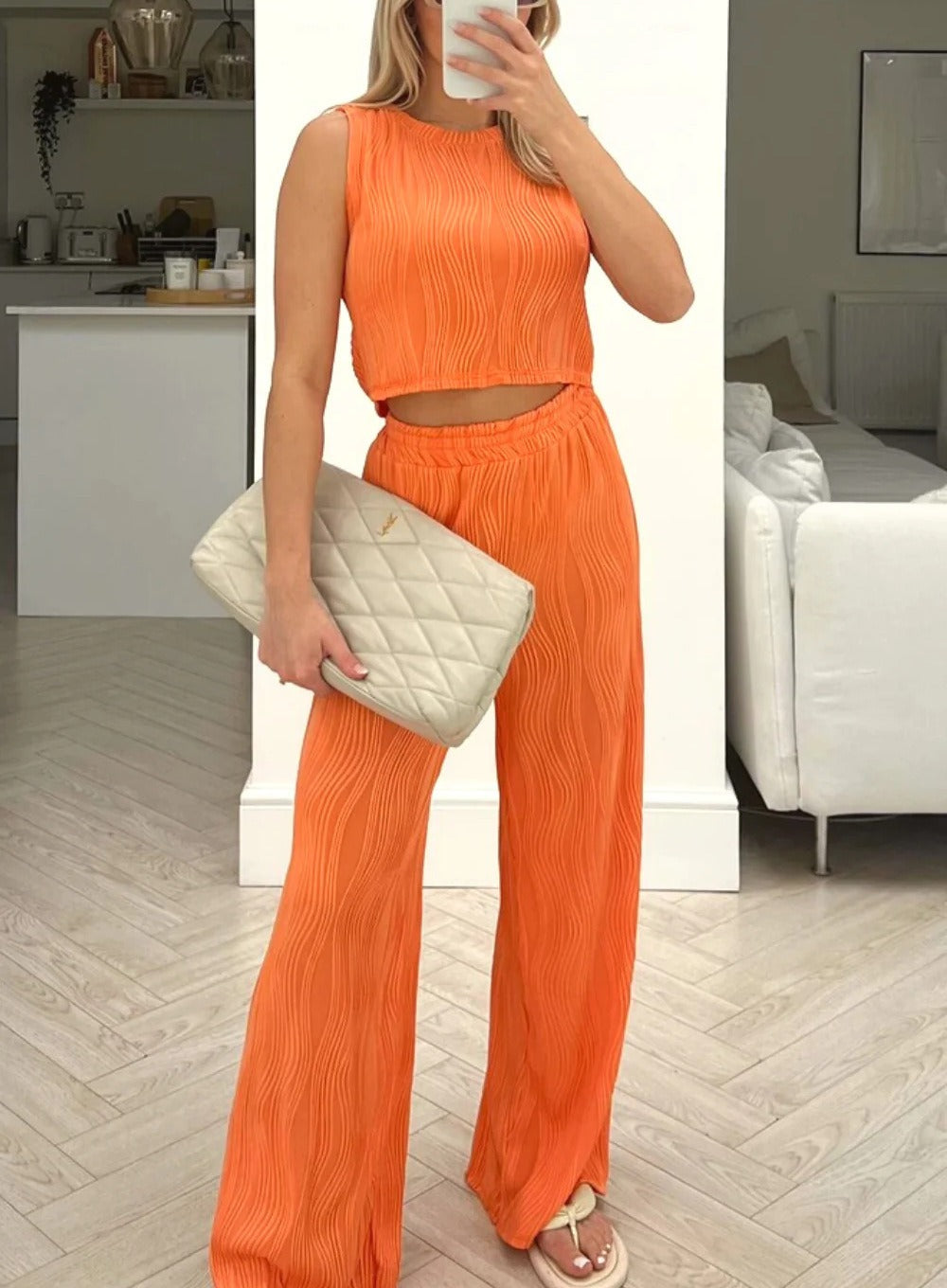 Women's ribbed two-piece set sleeveless crop top high-waisted wide-leg pants coordinated casual look