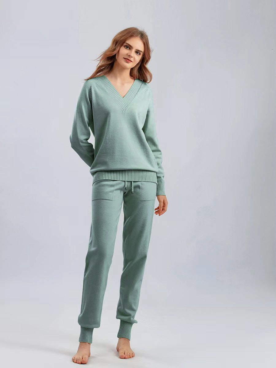 Women's knit lounge set V-neck sweater relaxed joggers ribbed trim cozy casual two-piece