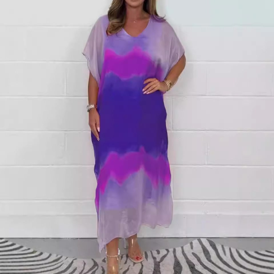 Women's ombre maxi dress airy V-neck short sleeves summer chic floor-length silhouette