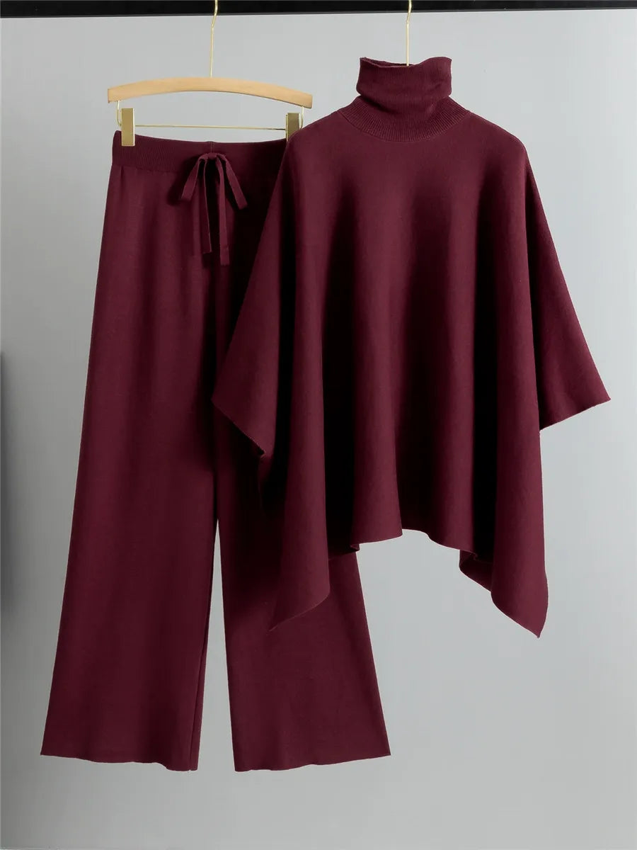 Women's two-piece knit set high neck cape top wide leg pants relaxed fit chic comfort