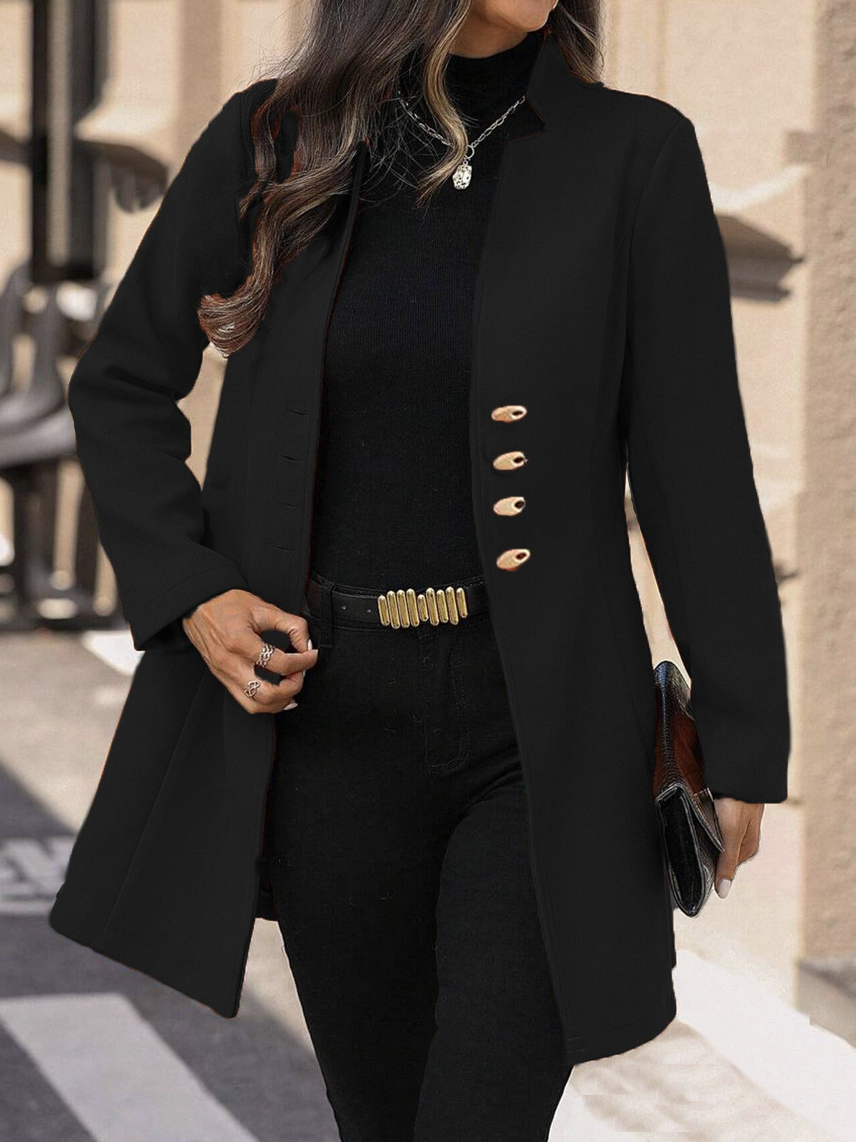 Women's slim fit mid-length wool coat tailored silhouette with button closure for professionals
