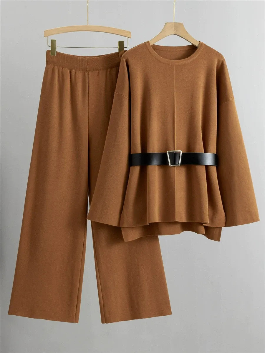 Women's knit two-piece suit set with flared sleeves and high-waist wide-leg pants in neutral tone