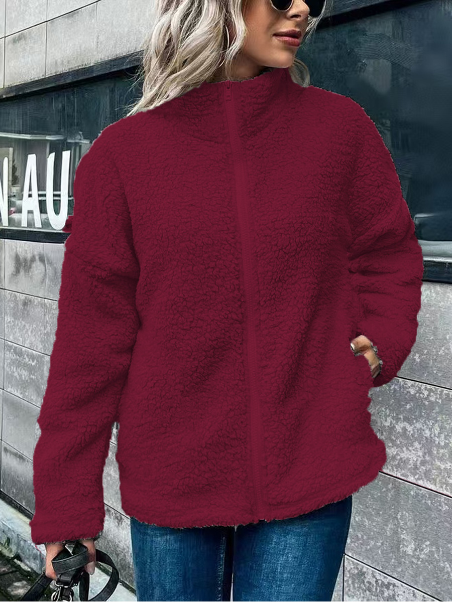 Women's oversized wool blend fleece coat stand collar zip long sleeve warm layering winter style