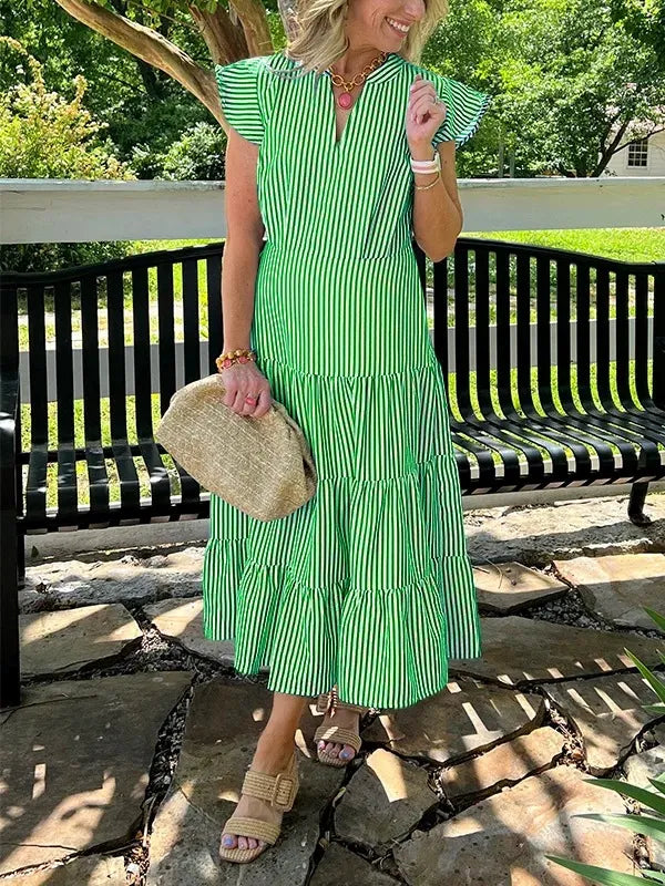Women's loose-fit midi dress with V-neck, striped flutter sleeves, effortless chic summer style