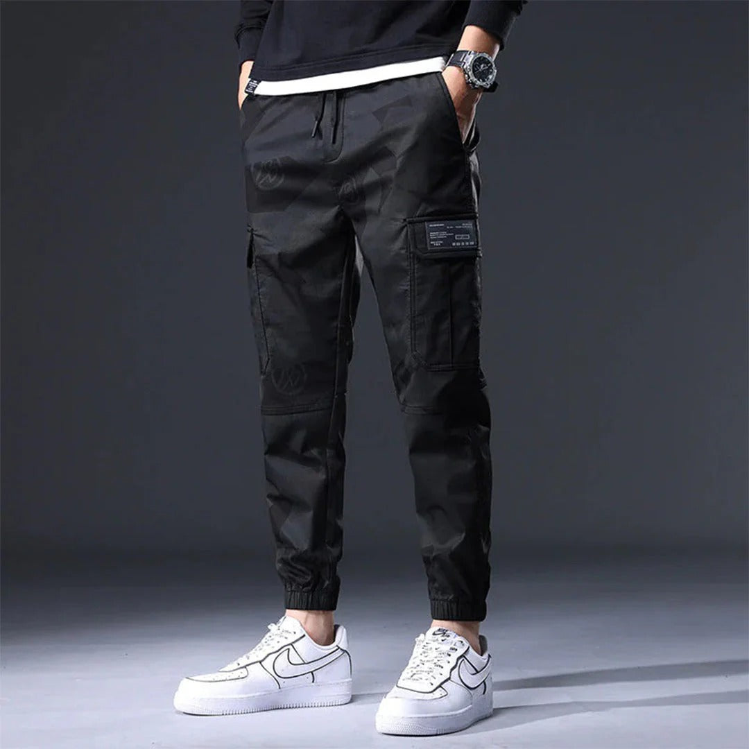 Men's camouflage cargo joggers relaxed fit elastic cuffs adjustable waist cotton-blend casual pants