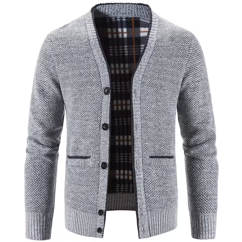 Men's wool blend knit cardigan fleece-lined tailored fit smart casual fall winter layer