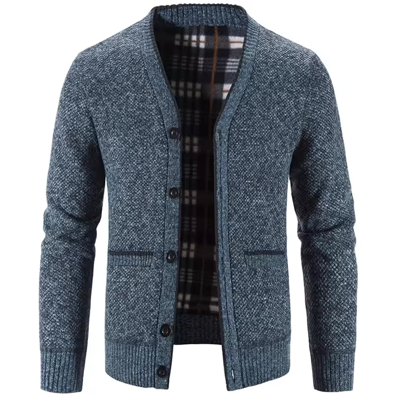 Men's wool blend knit cardigan fleece-lined tailored fit smart casual fall winter layering piece