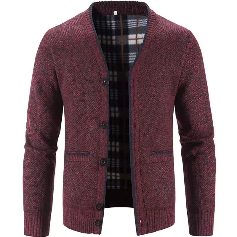 Men's wool blend knit cardigan fleece-lined tailored fit smart casual fall winter layer