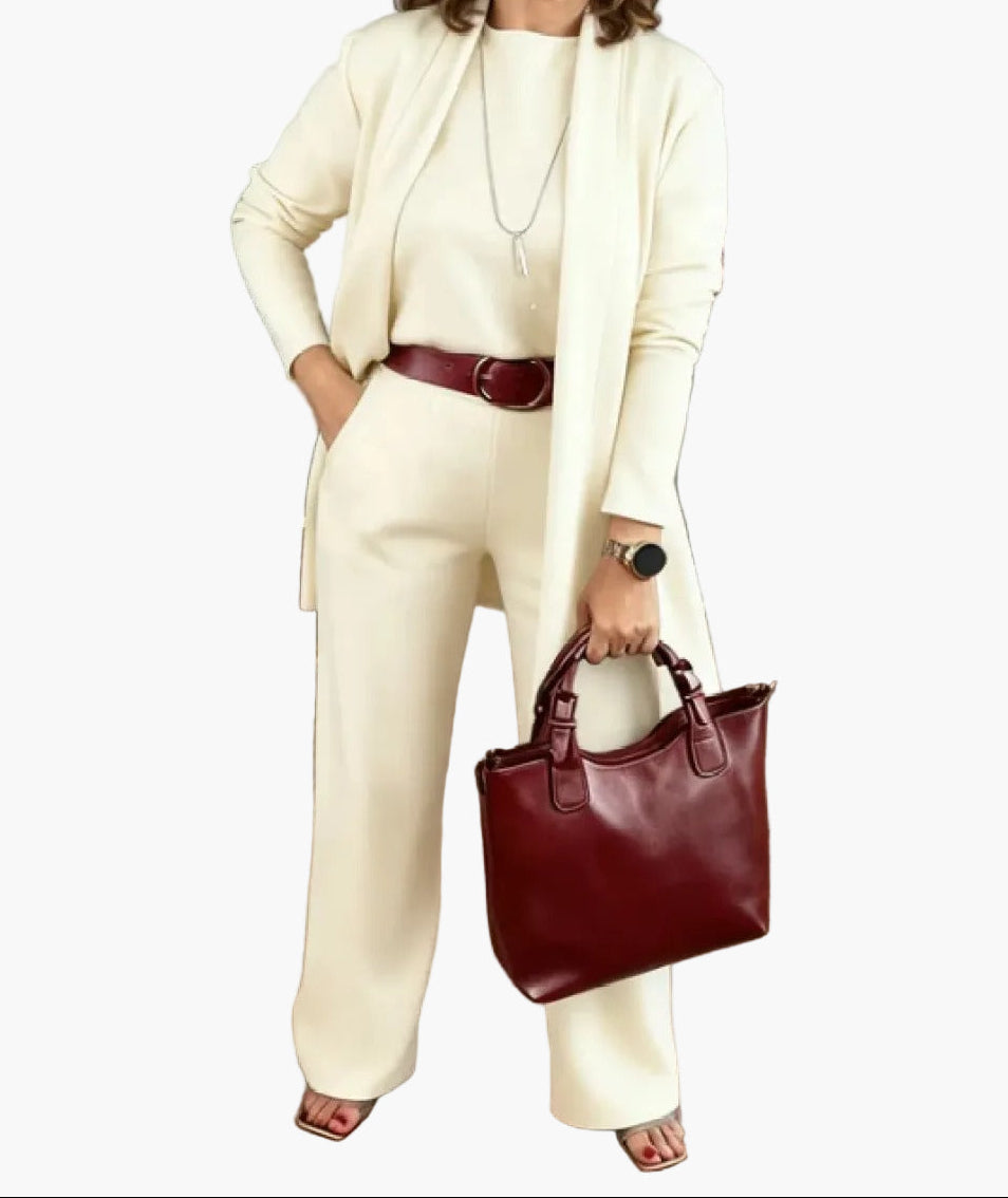 Women 3-piece business casual suit set beige blazer loose shirt wide-leg trousers office style