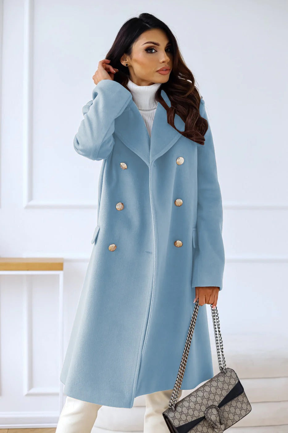 Camel wool blend long coat double-breasted tailored fit notched lapel for women