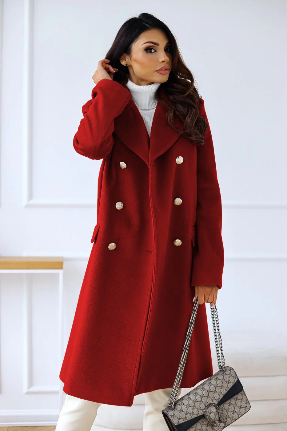 Camel wool blend long coat women double-breasted tailored fit notched lapel elegant outerwear