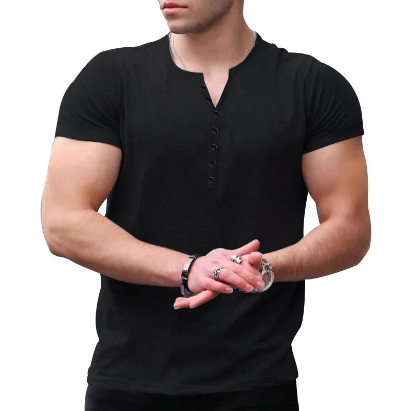 Men's slim fit Henley T-shirt in soft knit fabric, short sleeve casual essential with button placket
