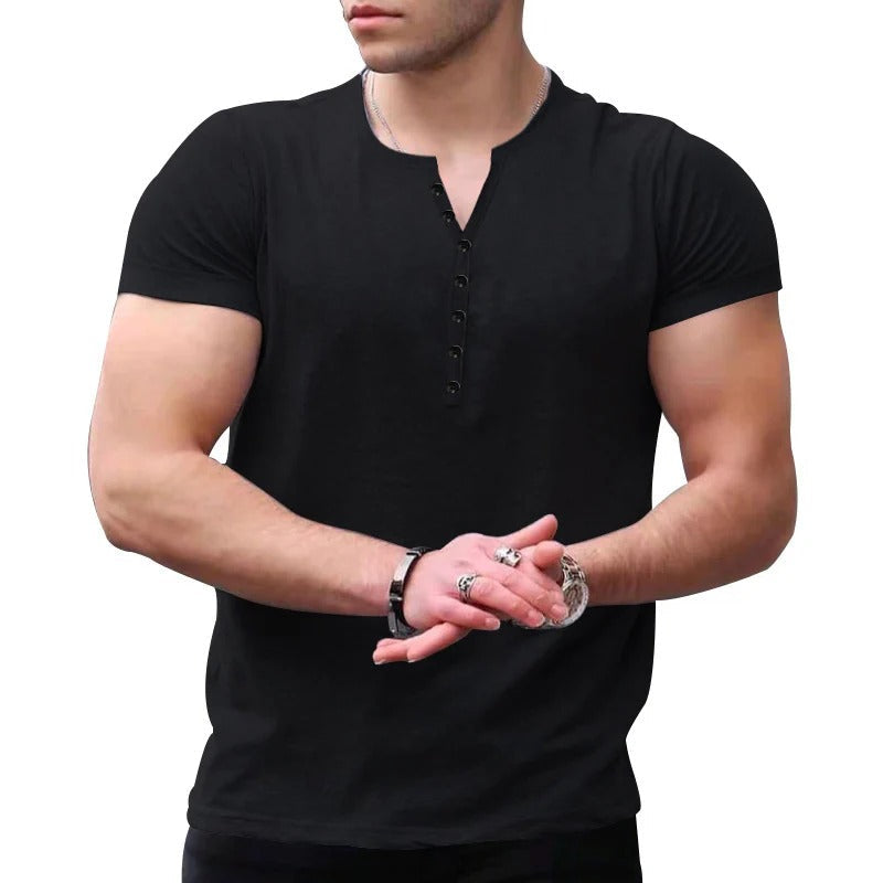 Men's slim fit Henley T-shirt in soft knit fabric, short sleeve casual essential with button placket