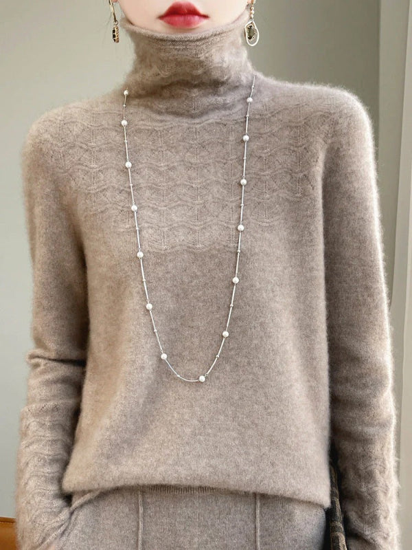 Women's slim fit turtleneck sweater wool blend hollow knit texture cozy warm winter style