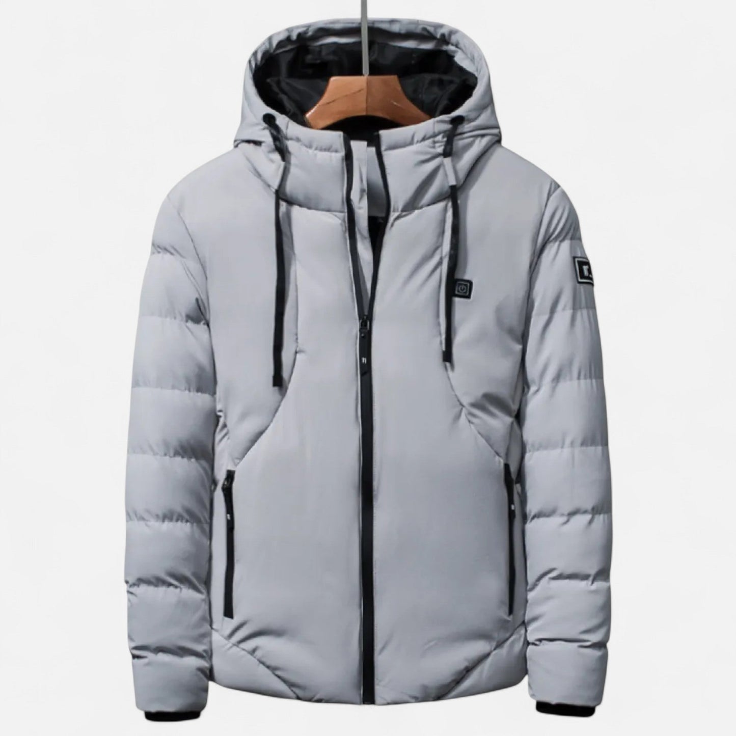 Men's heavy-duty insulated winter jacket in neutral tone, rugged explorer cut with superior mobility