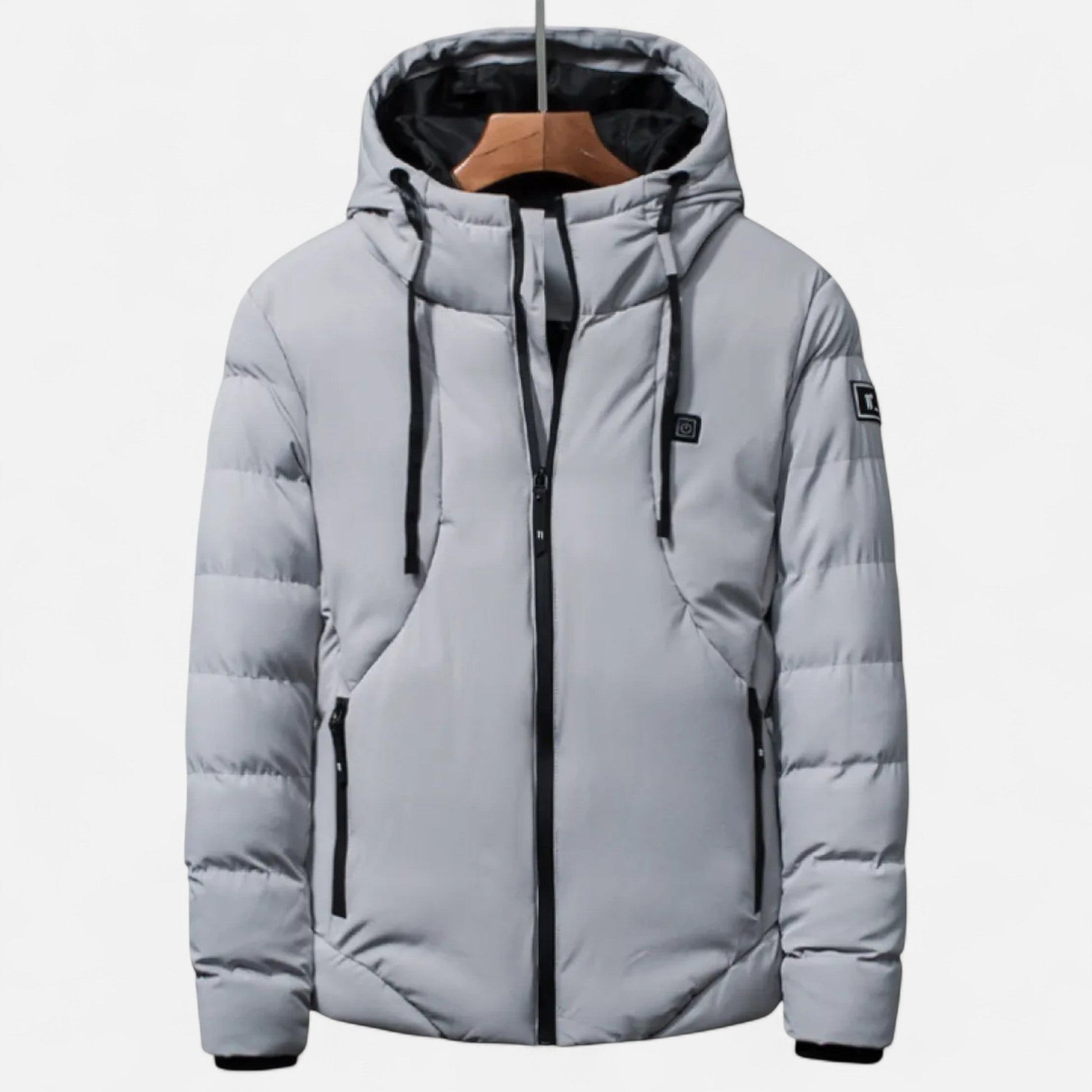 Men's heavy-duty insulated winter jacket in neutral tone, rugged explorer cut with superior mobility