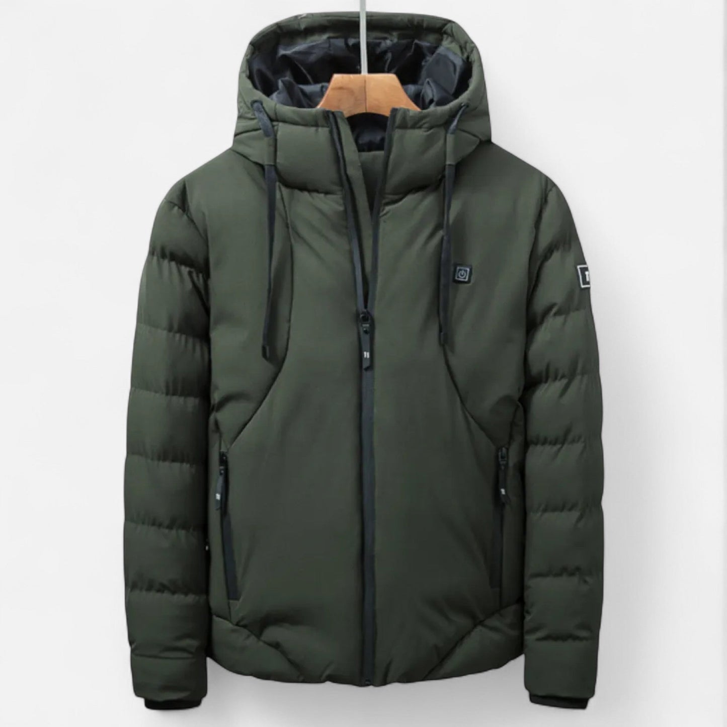 Men's heavy-duty insulated winter jacket in neutral tone, rugged explorer cut with superior mobility