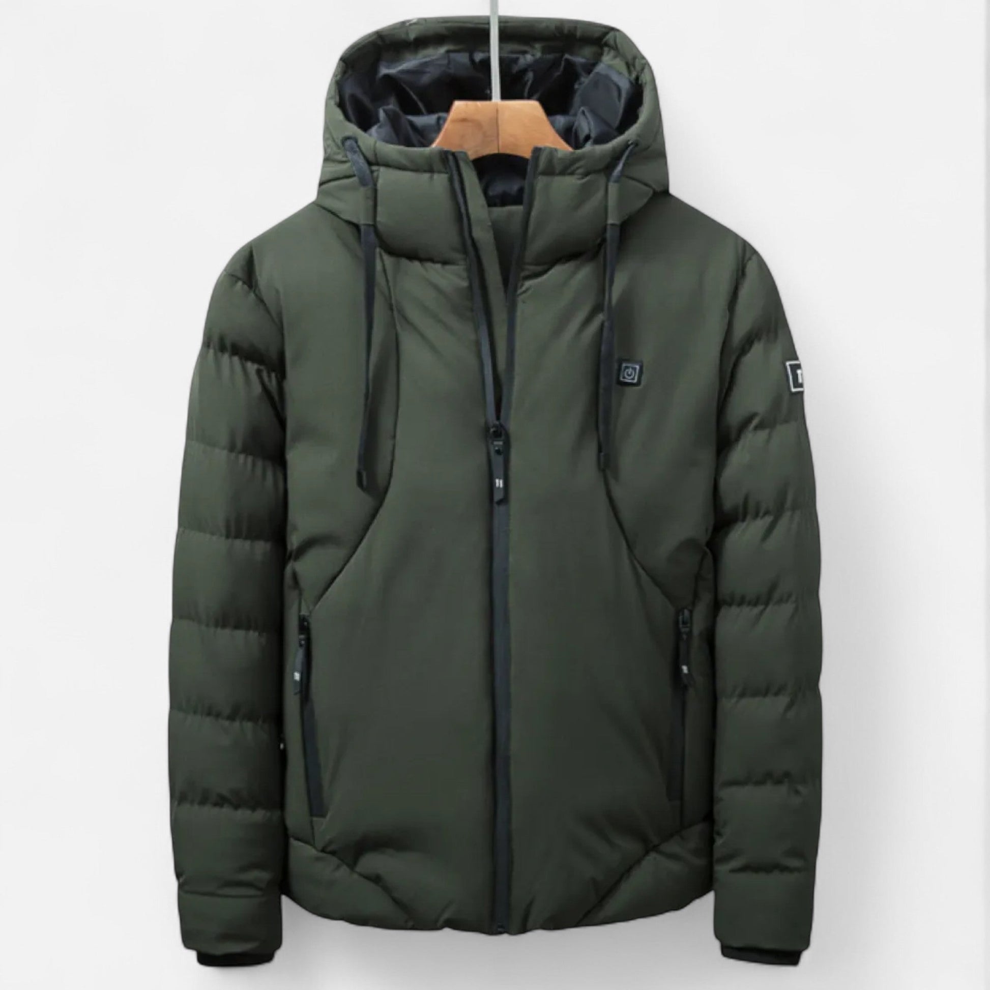 Men's heavy-duty insulated winter jacket in neutral tone, rugged explorer cut with superior mobility
