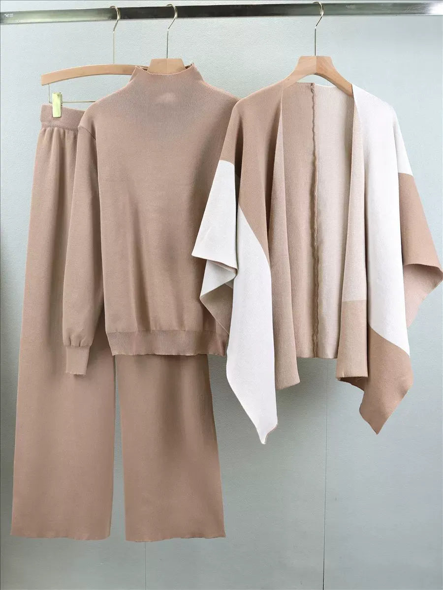 Women's knitted three-piece set mock neck sweater wide-leg pants cape layer chic cozy ensemble