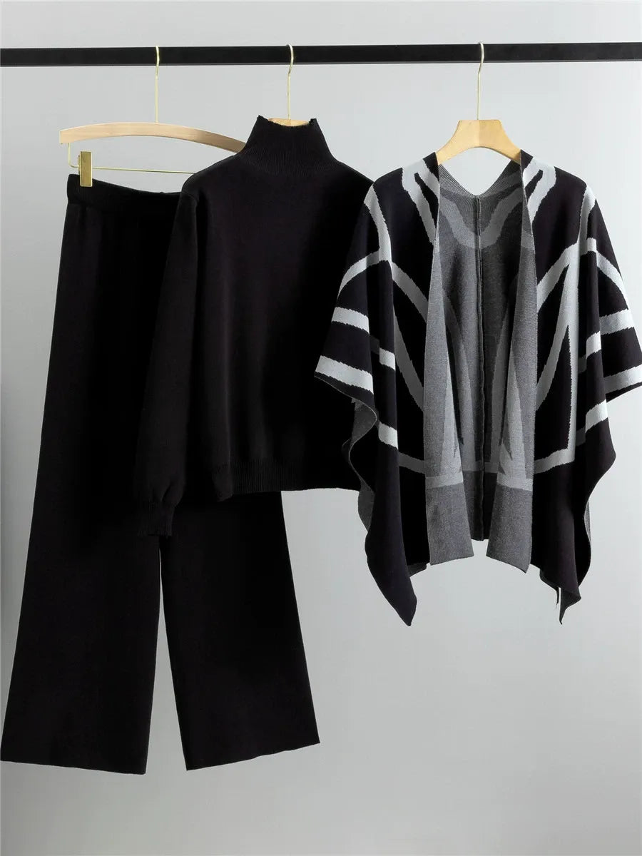 Women's three-piece knit shawl cape set open-front geometric pattern turtleneck relaxed fit cozy ensemble