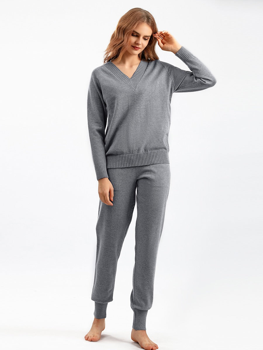 Women's knit lounge set V-neck sweater relaxed joggers ribbed trim cozy casual two-piece