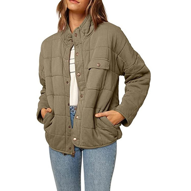 Women's mid-length quilted jacket loose fit stand collar button-front casual outerwear