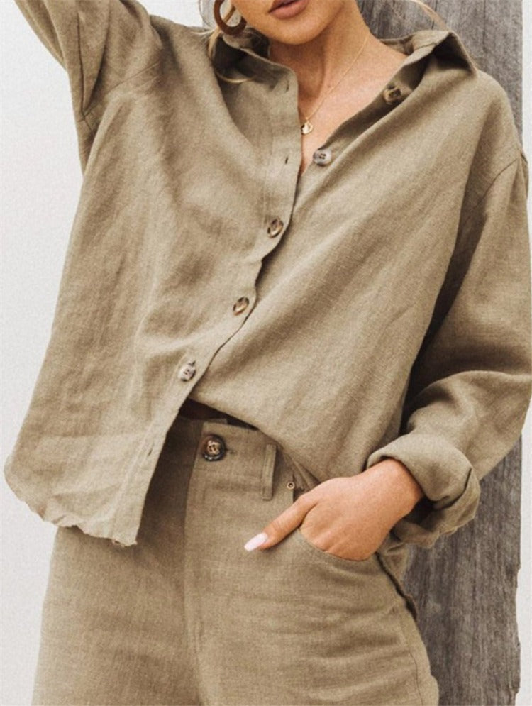 Women's loose fit cotton linen blend long sleeve button front collar shirt breathable comfort