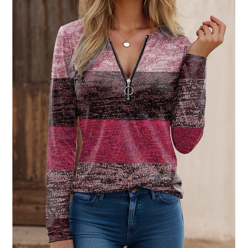 Women's knit long sleeve shirt beige spliced stripe print zipper collar regular fit everyday chic