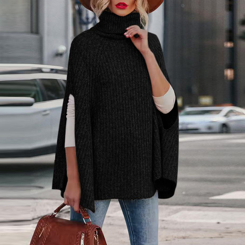 Women's wool blend knit cape loose fit high neck arm slit cozy luxe layer modern style