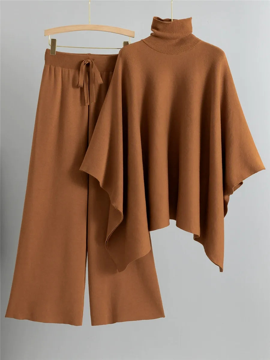 Women's two-piece knit set high neck cape top wide leg pants relaxed fit chic comfort