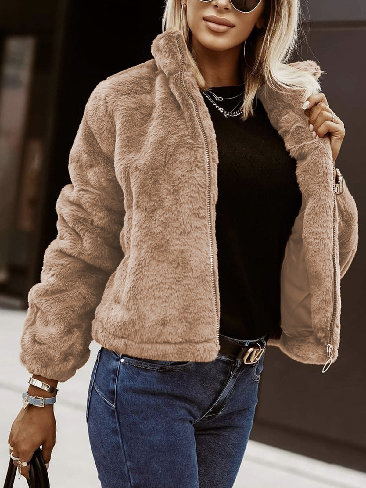 Women's faux leather plush cardigan black zipper front high collar relaxed fit cozy layering jacket