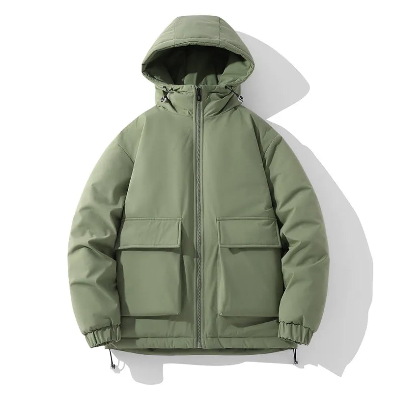 Men's oversized quilted puffer jacket hooded winter coat with zip front pockets in neutral tone