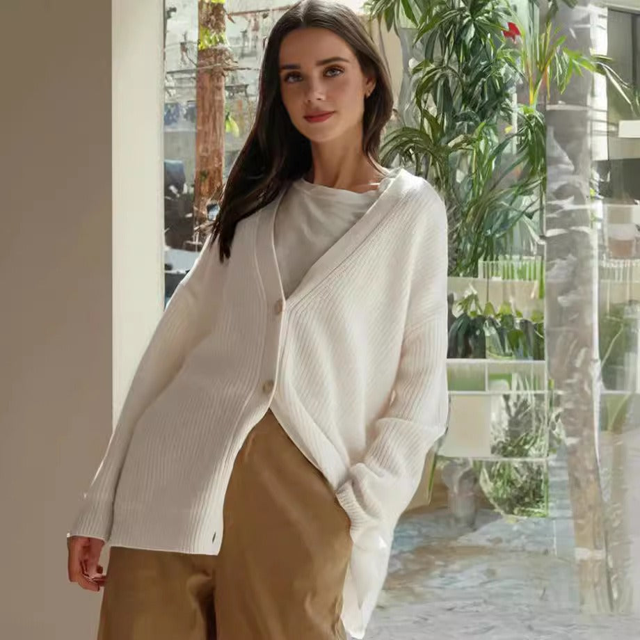 Women's beige ribbed knit cardigan oversized V-neck button-front cotton blend elegant layering
