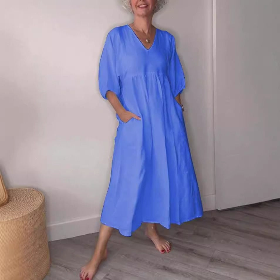 Women's relaxed midi dress cotton linen blend deep V-neck cuffed sleeves with pockets everyday casual