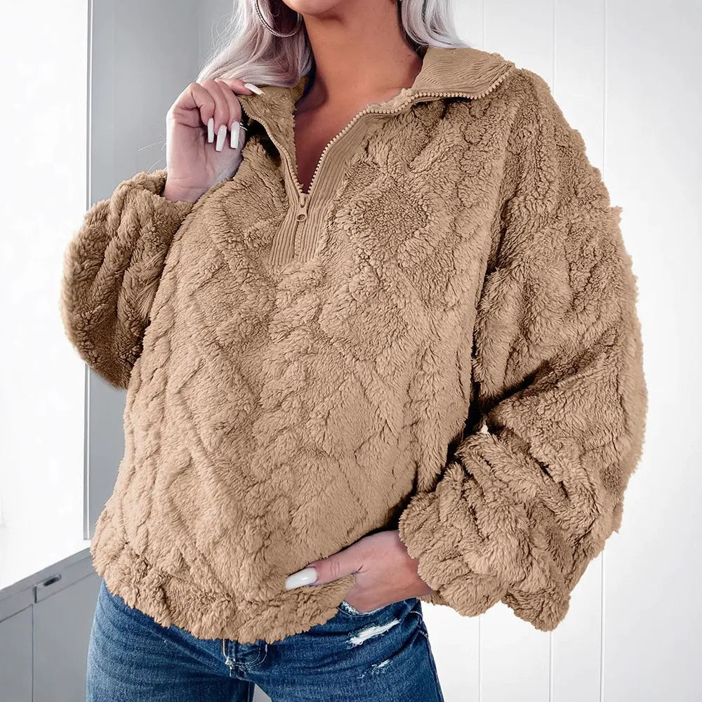 Women's relaxed-fit quilted pullover sweater with soft faux fur half-zip detail for cozy warmth