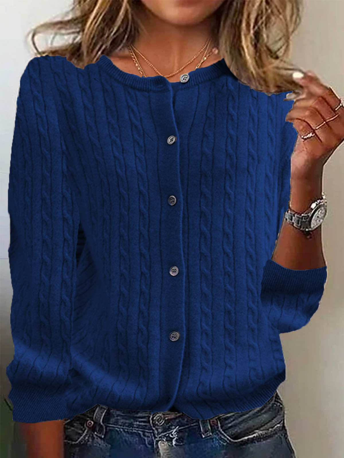 Women's cream wool cable knit cardigan relaxed fit with front button closure for cozy layering