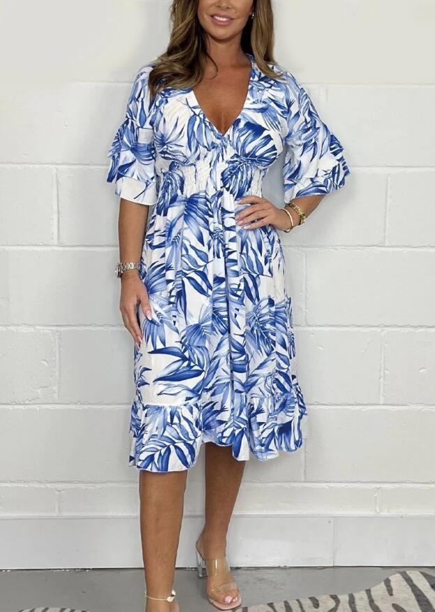 Floral midi dress for women with V-neck, high waist, ruffle sleeves, and loose feminine fit