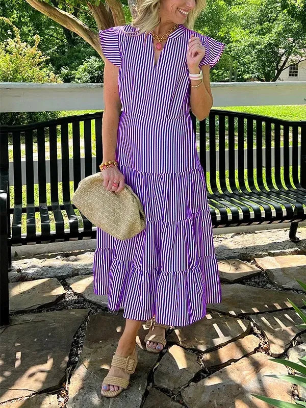 Women's loose fit midi dress with V-neck, striped flutter sleeves, effortless chic summer style
