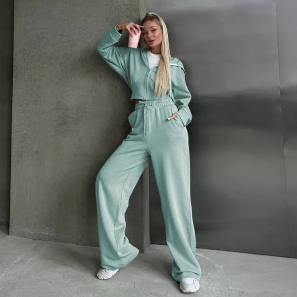 Women's two-piece lounge set relaxed-fit zip hoodie sweatshirt wide-leg pants cotton blend comfort