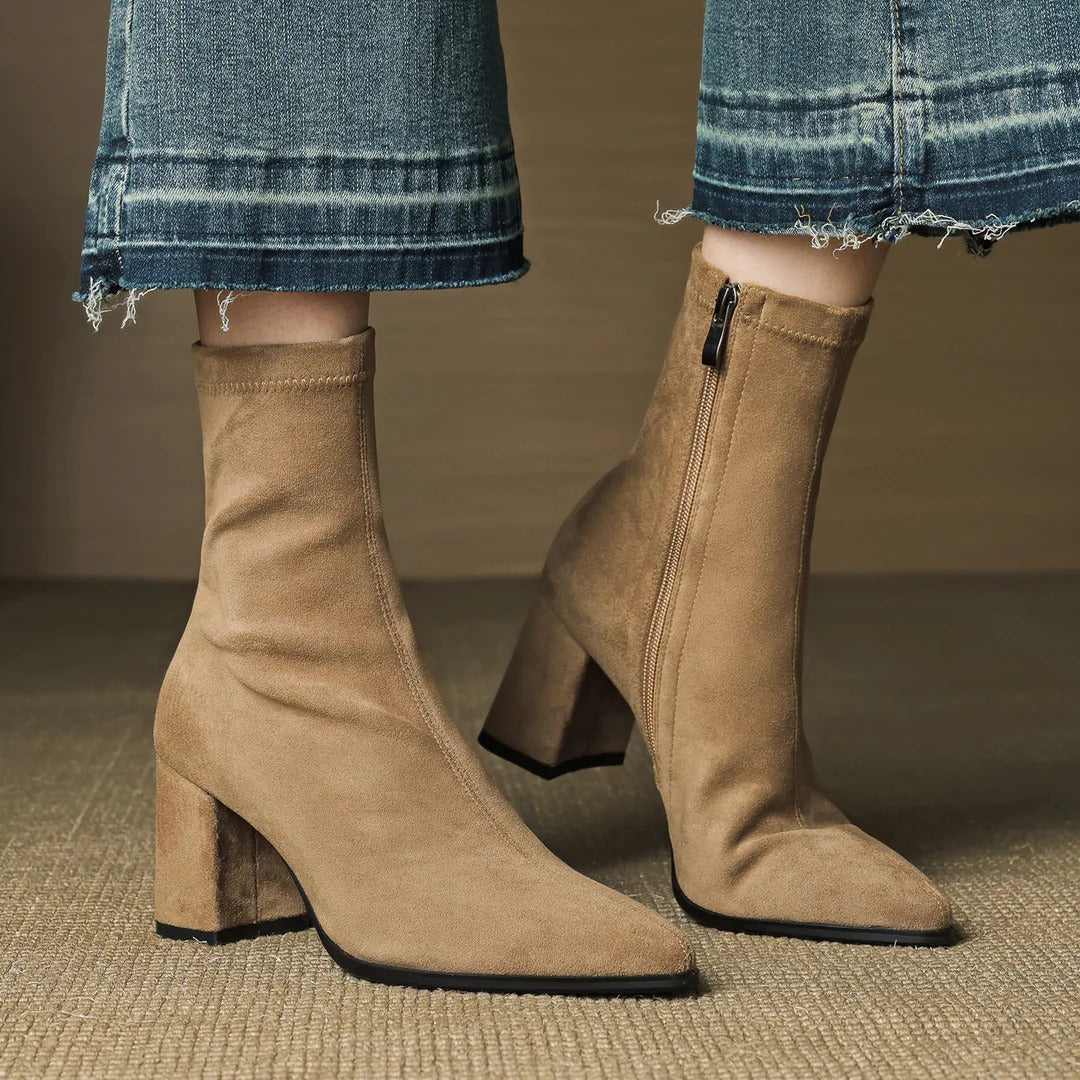 Women's beige stretch suede ankle boots sculpted block heel Parisian chic everyday style