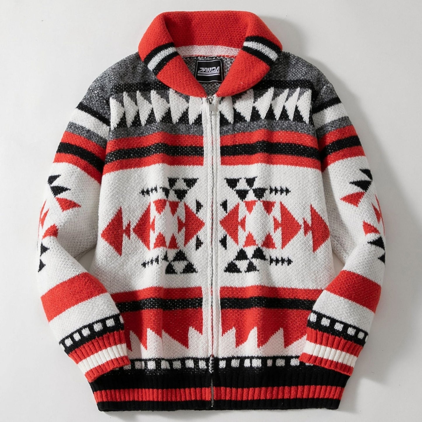 Men's wool blend full-zip cardigan jacket with shawl collar and jacquard knit pattern