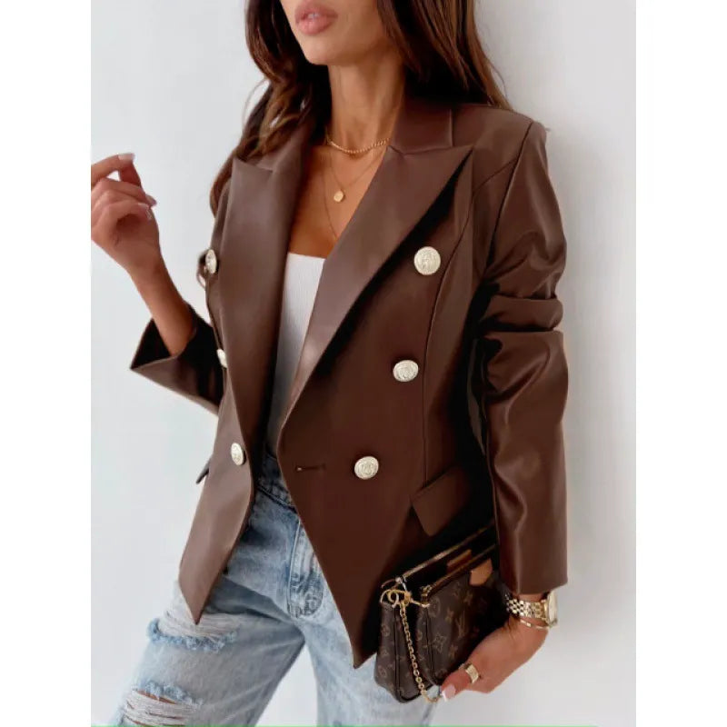 Women's black faux leather double-breasted blazer tailored fit with puff shoulders