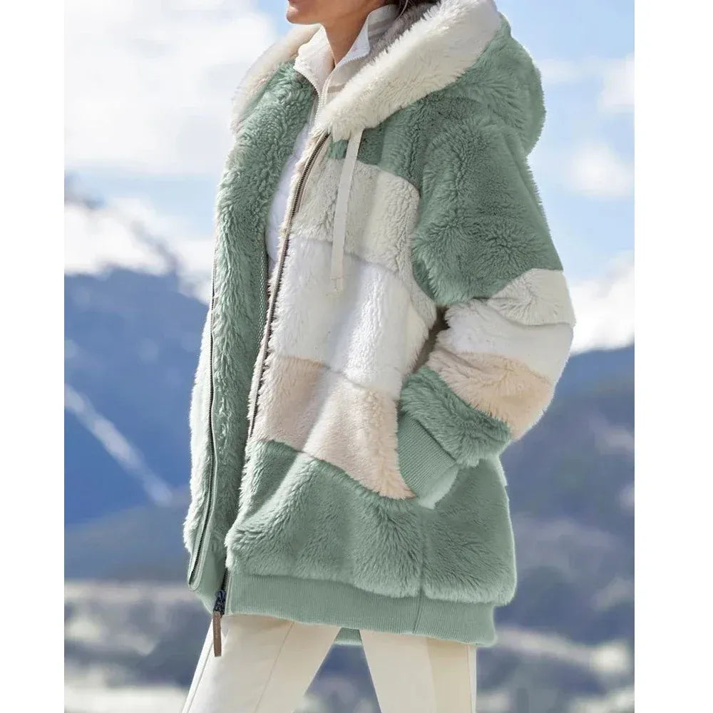 Women's oversized hooded fleece jacket plush texture zip front panel design cozy casual fit