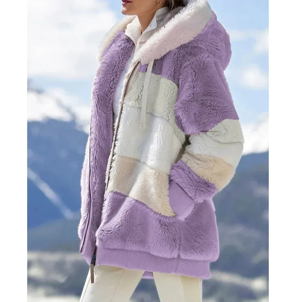 Women's oversized hooded fleece jacket plush texture zip front panel design cozy casual fit