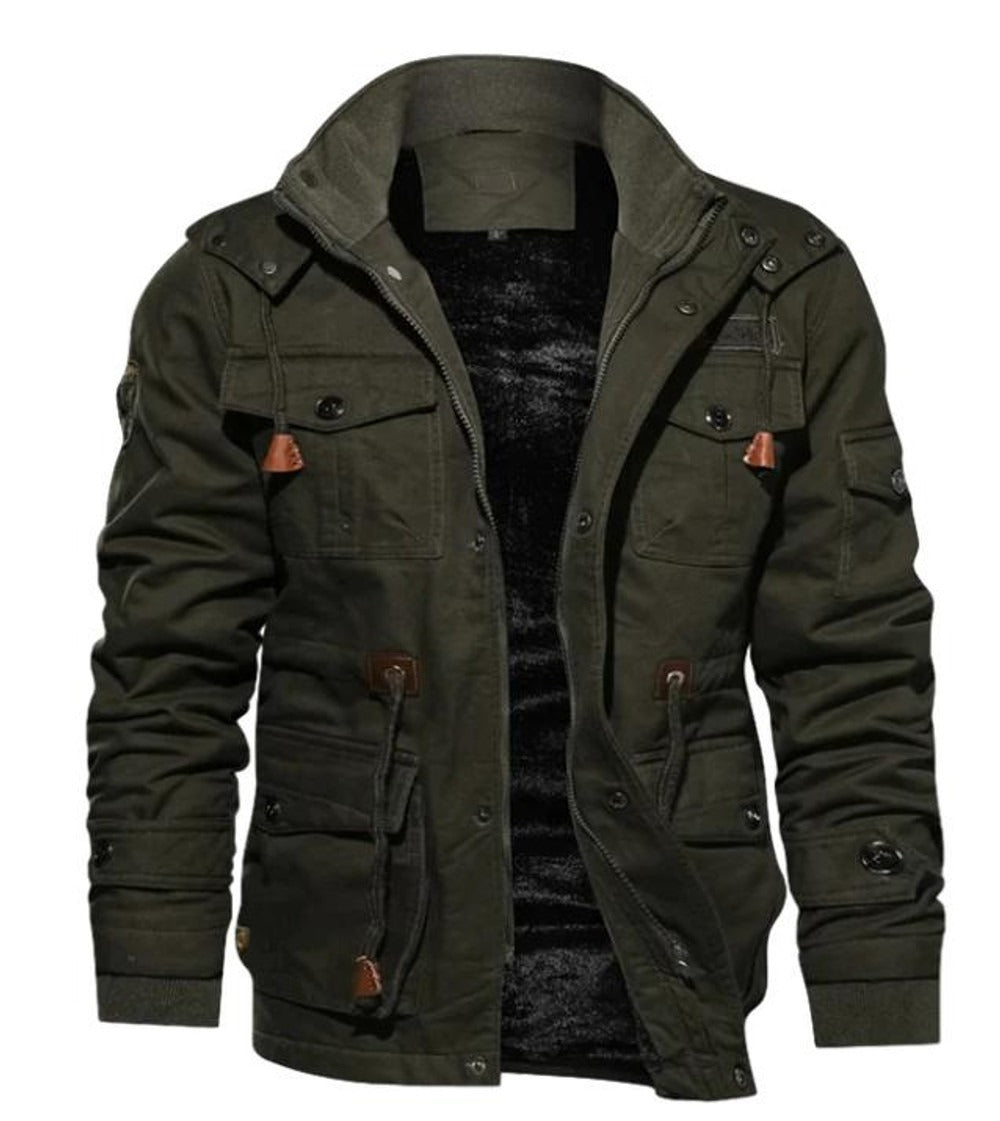 Men's regular-fit coat with fleece lining, high collar, zipper-button closure, and multiple pockets