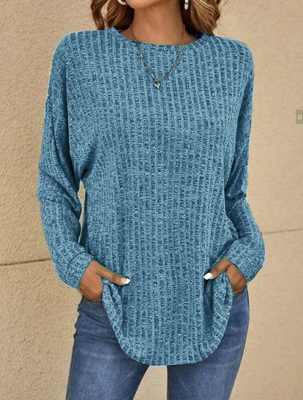 Women's relaxed fit ribbed knit long sleeve top hip length versatile casual layering essential